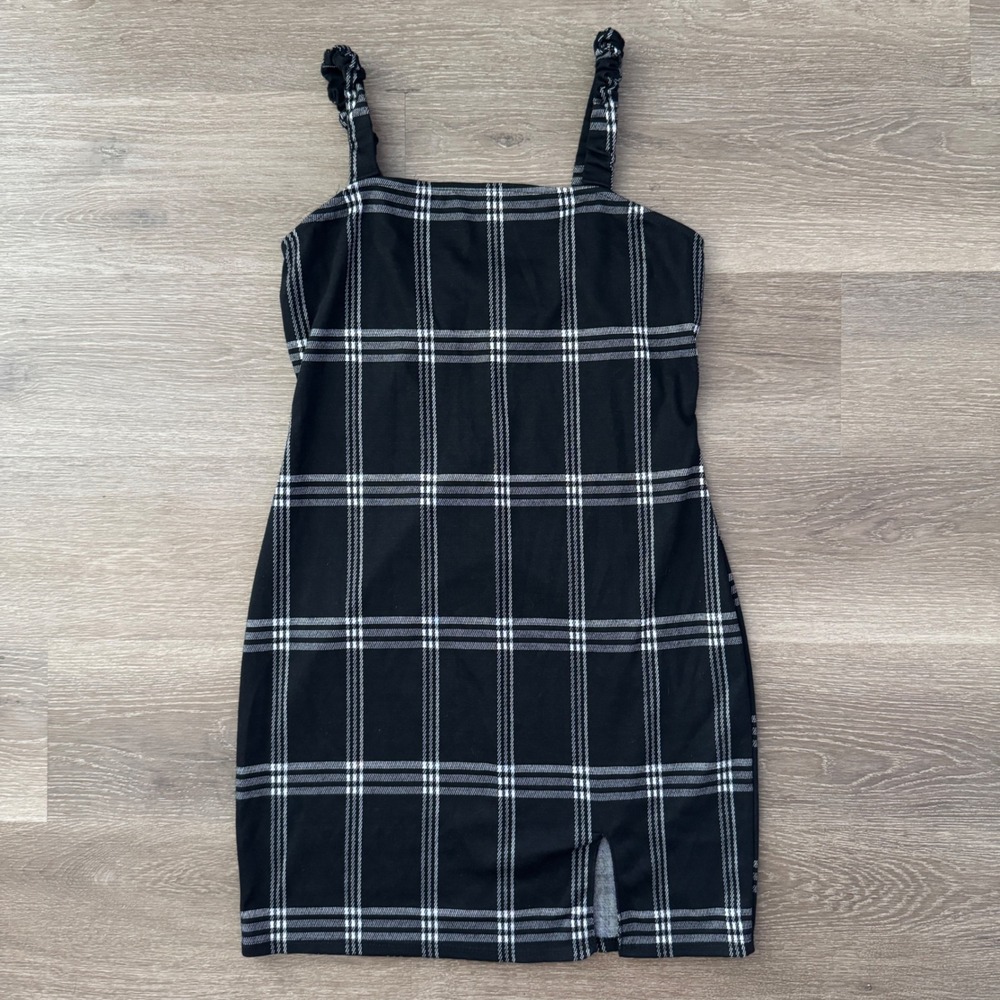 rue21 Plaid Mini Dress Womens XL Black White Bodycon Slit Scrunchie Strap